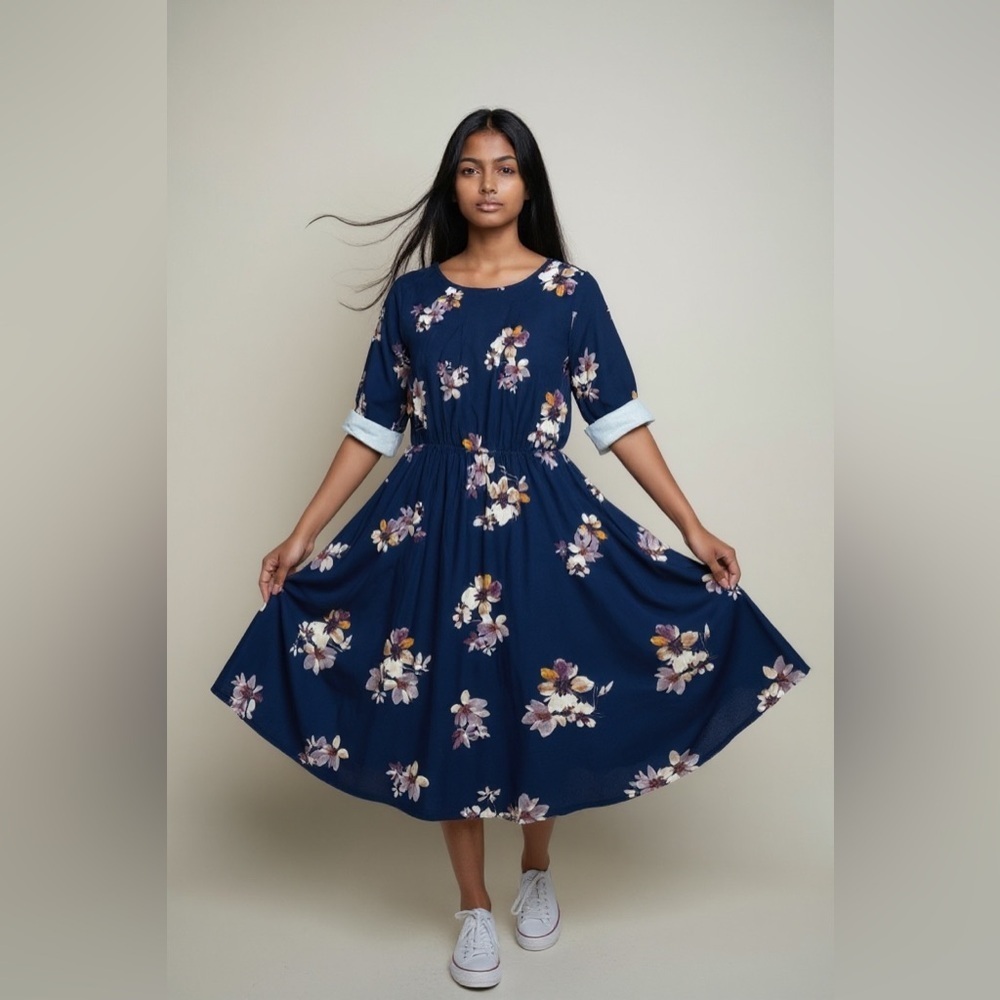 French Grey Navy Floral Midi Dress